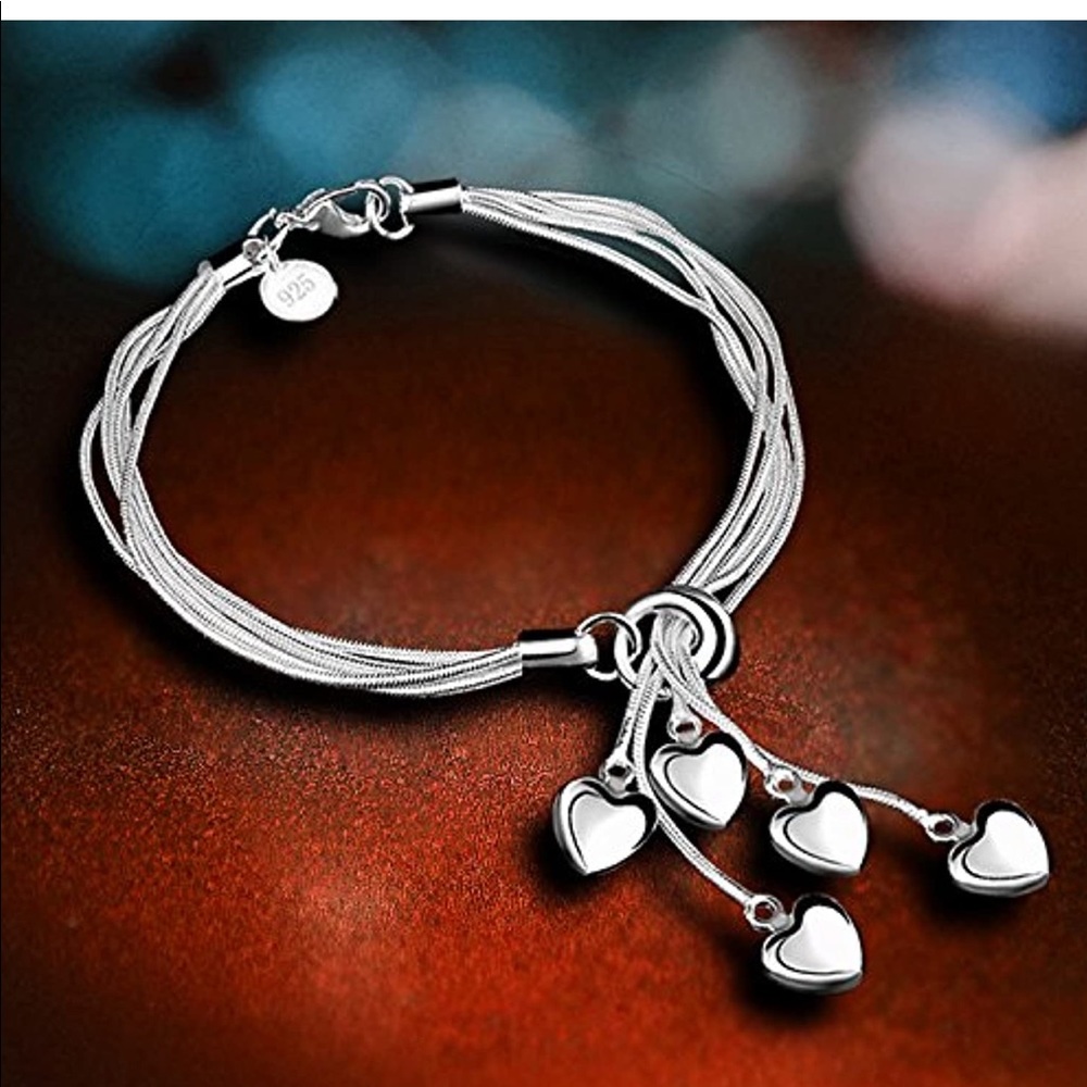 925SS Five-Line Chain w/Five-Heart Bracelet Bangle